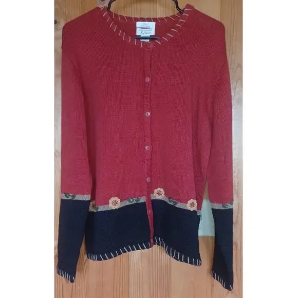 Christopher & Banks Cardigan Womens Large Burgundy Blue Hand Embroidered Flowers - Picture 3 of 6